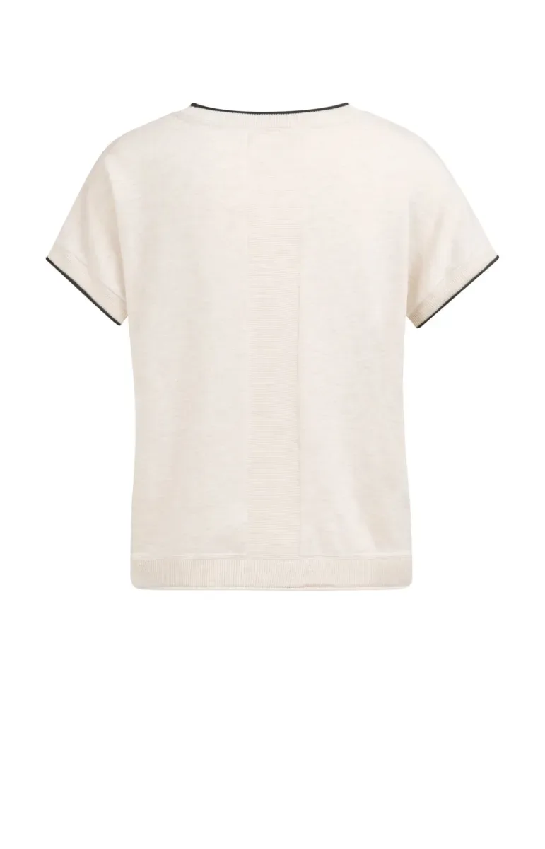 Feinstrickshirt Creme, Kurzarm Pullover mit Kontrastdetails