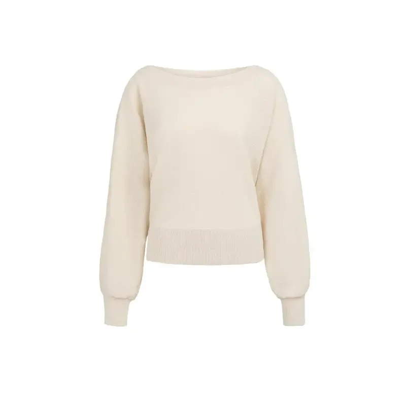 Cremefarbener Strickpullover mit U-Boot-Ausschnitt, Weicher Pullover mit Bündchen