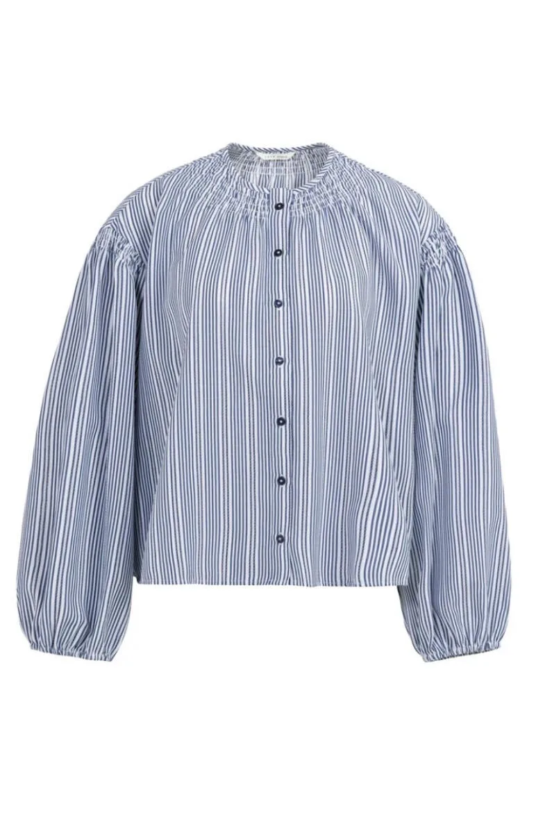 Bluse Blau-Weiß Gestreift, Langarm Bluse mit Rundhalsausschnitt