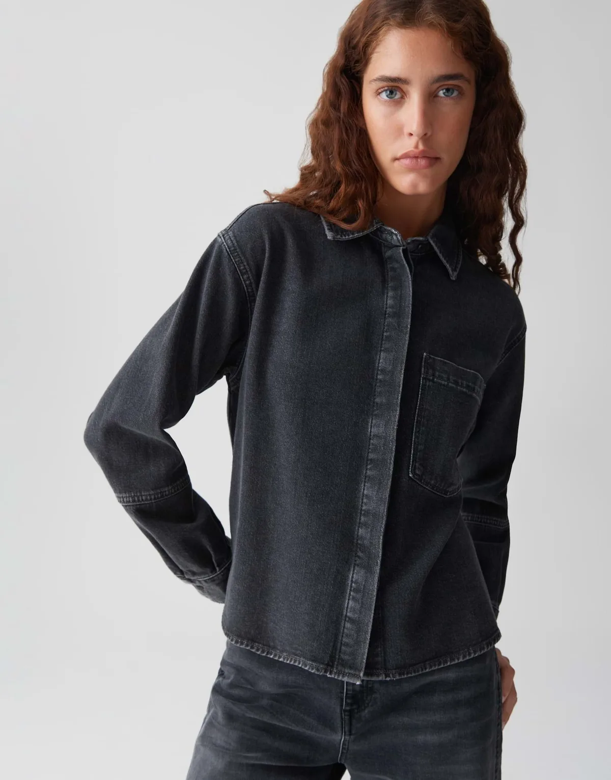 Jeansbluse Damen Baumwolle grau
