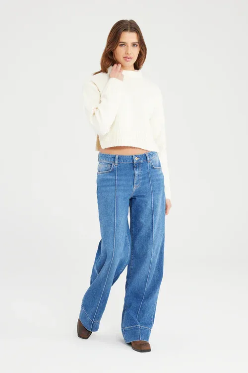 Cup of Joe Layla Mid Waist Full Length Pintuck 5 Pocket Jeans Medium Blue