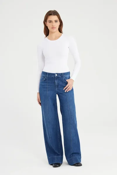 Cup of Joe Layla Mid Waist Full Length Pintuck 5 Pocket Jeans Dark Blue